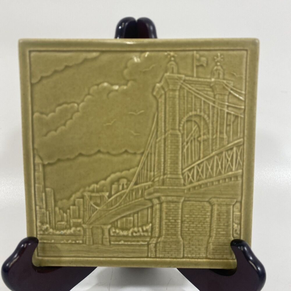 2008‎ Rookwood Pottery Roebling Suspension Bridge Matte Sage Green 6" Tile